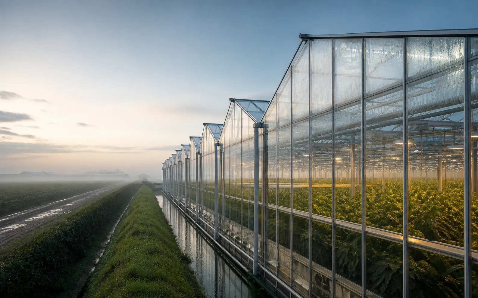 Moderne Nederlandse glastuinbouwkassen bij het eerste ochtendlicht